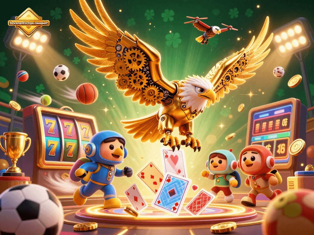 The bosscatkitchen-newport casino features an exhilarating scene with a cybernetic golden eagle diving through holographic playing cards.