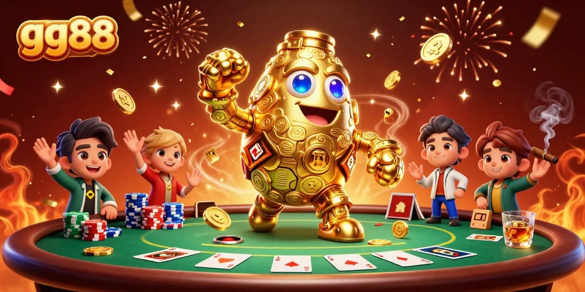 Engage with gg88's golden golem amidst an exciting poker scene, capturing action and wealth.
