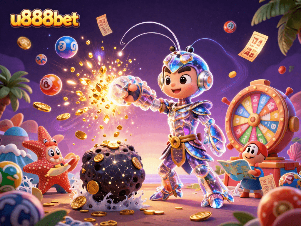 Play exciting games at u888bet with colorful lottery balls and vibrant prizes raining down.