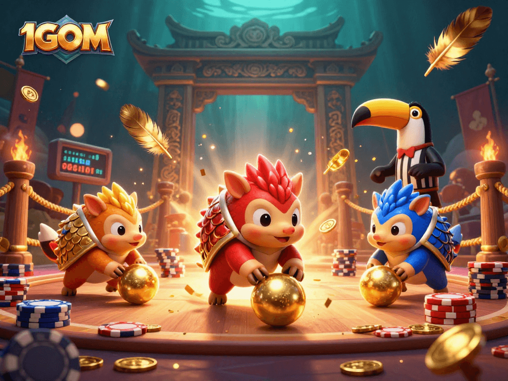 1GOM pangolins bowling through poker chips with golden scales and feathers in a vibrant casino scene.