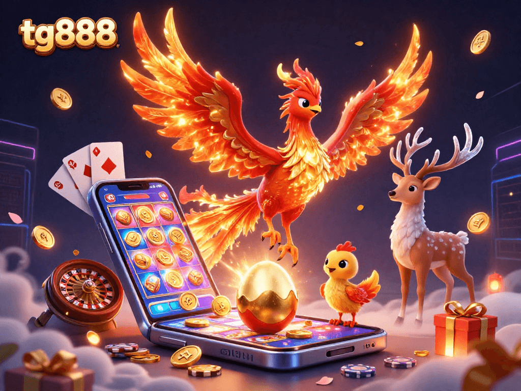 Experience the thrill of tg888 with a vibrant 3D casino scene featuring a phoenix and a mystical stag.