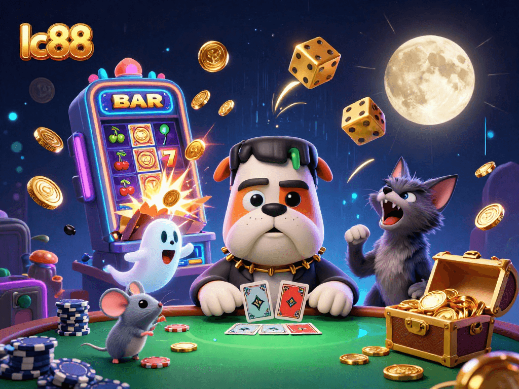 Experience the excitement with lc88 as the Frankenstein bulldog dealer engages at a vibrant casino table.