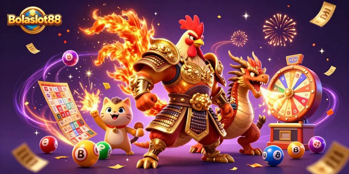 Bolaslot88 showcases a vibrant 3D illustration featuring a samurai rooster warrior, dragon hatchling, and fortune cat amidst dynamic lottery elements.