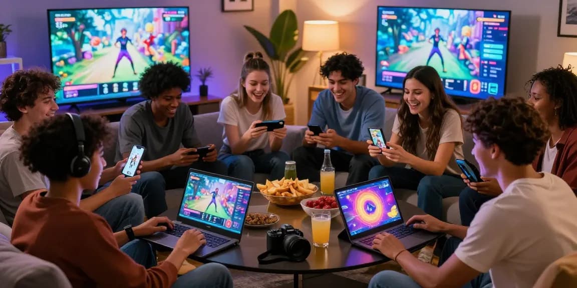 Group enjoying free sex games together on various devices in a cozy living room setting.