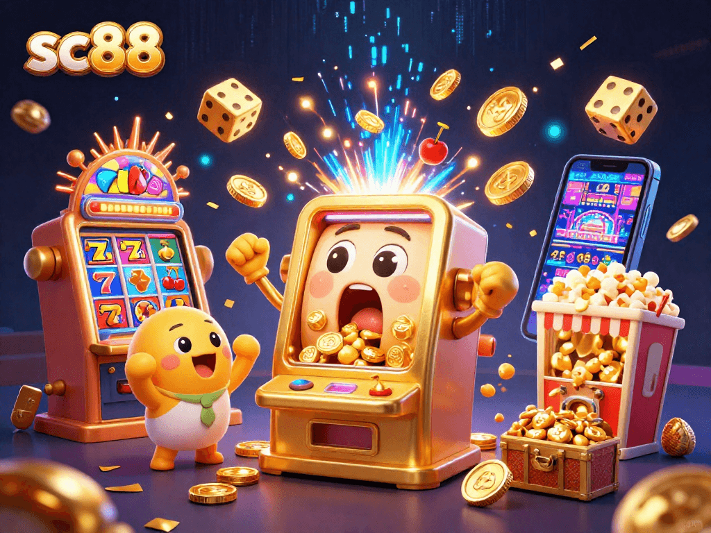 sc88 features a golden slot machine celebrating a jackpot with vibrant casino elements.