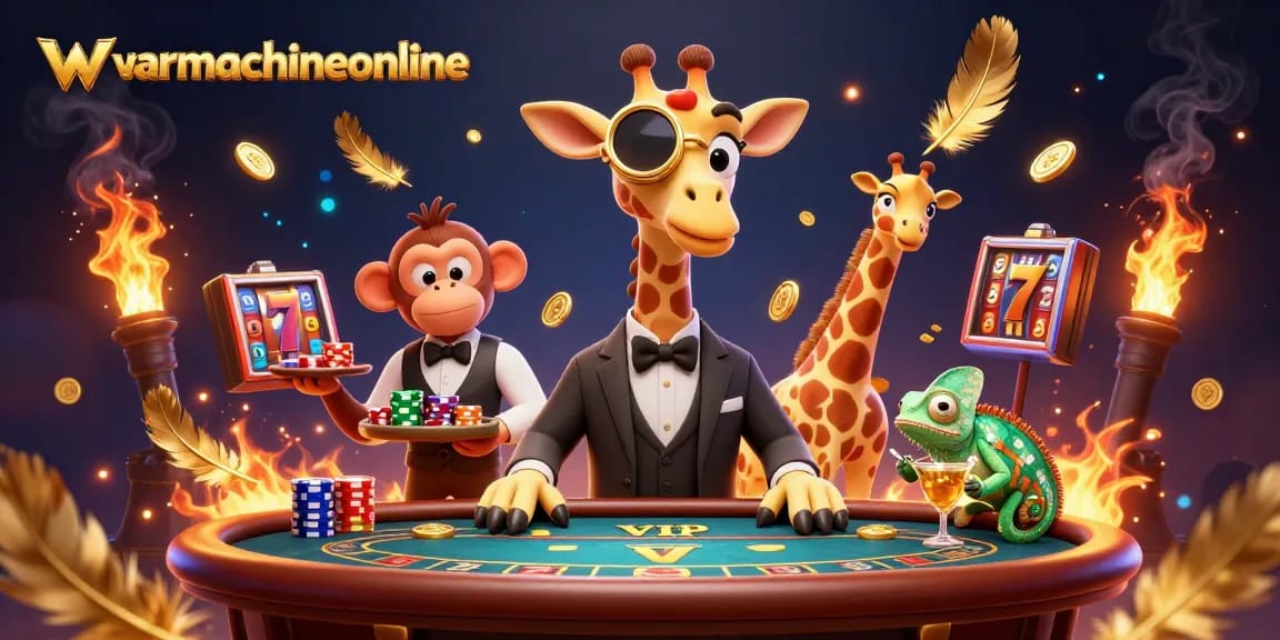 Win big with warmachineonline at this vibrant casino scene featuring animated characters and rich gaming elements.