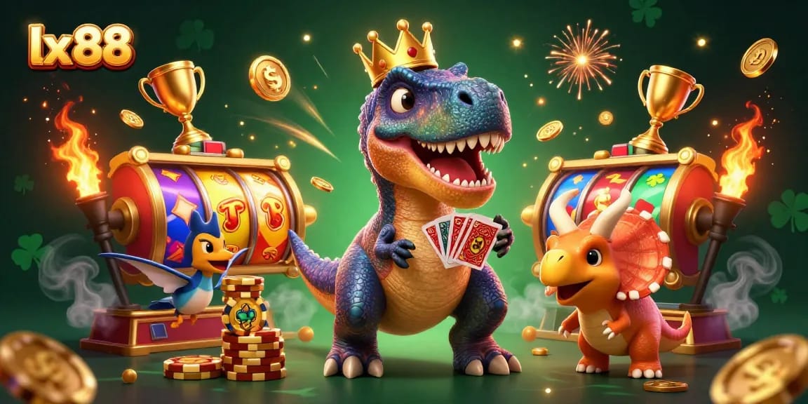 Experience exciting gameplay with lx 88's dynamic casino scene featuring a fun T-Rex and friends.