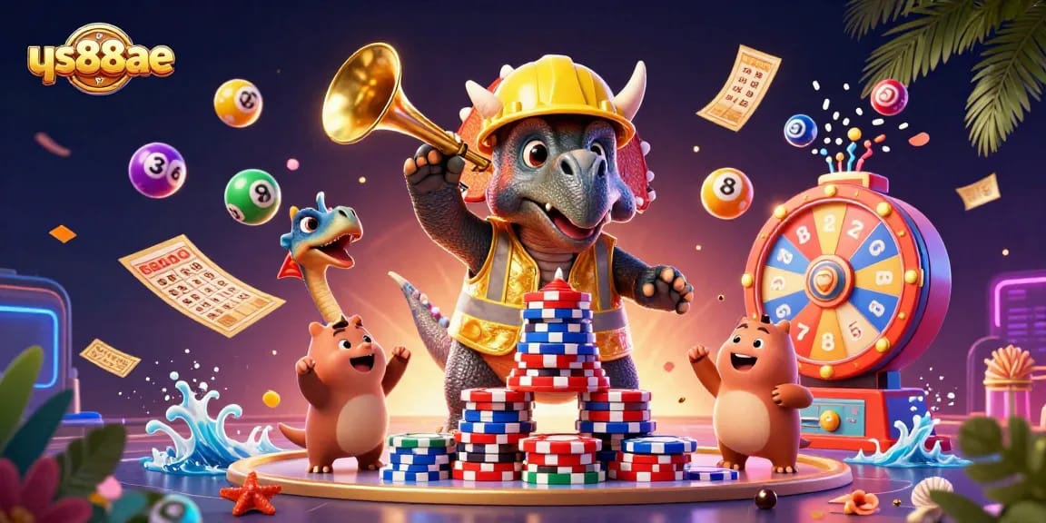 Join the fun at qs88ae as a triceratops builds a poker chip pyramid amidst a lively casino scene!