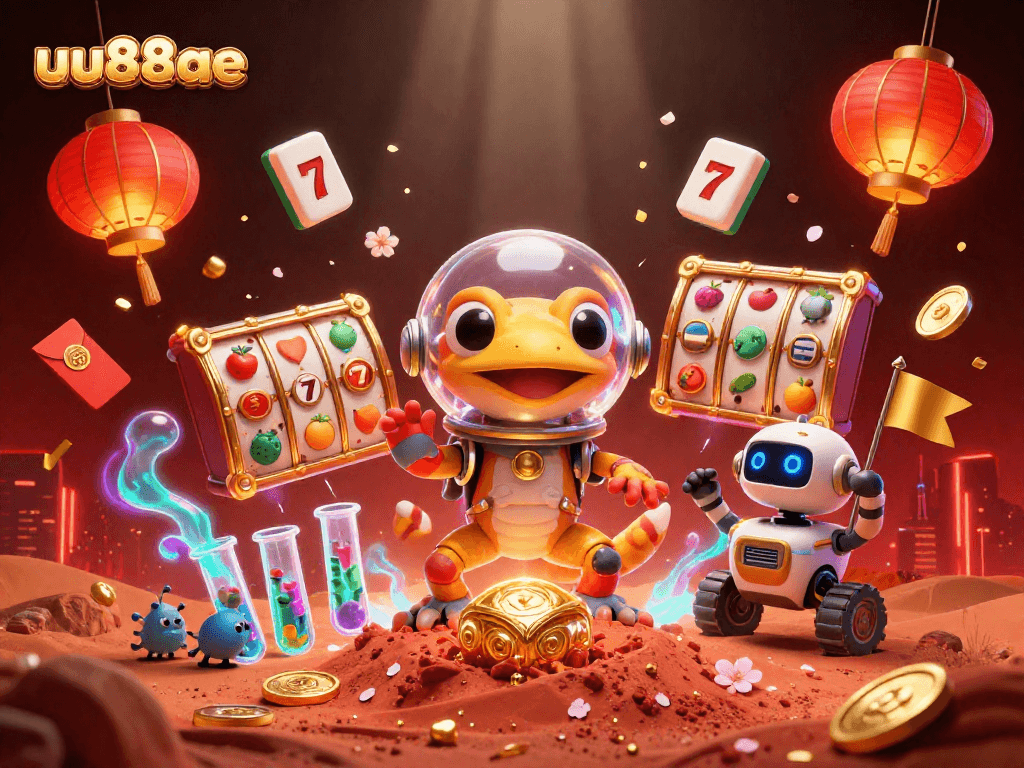 Experience the thrills of uu88ae with a Martian gecko discovering treasures in a magical casino scene.
