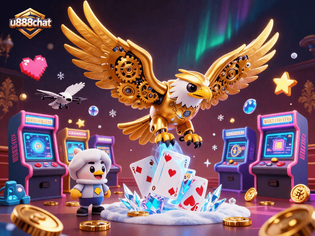 Play exciting casino games with u888chat featuring a golden eagle amid holographic cards.