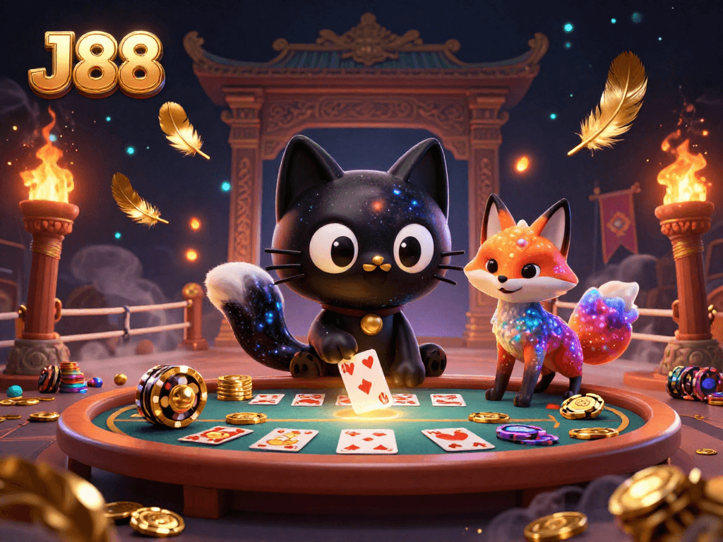 Experience J88 at a cosmic casino with a black hole cat and nebula fox attracting golden chips.