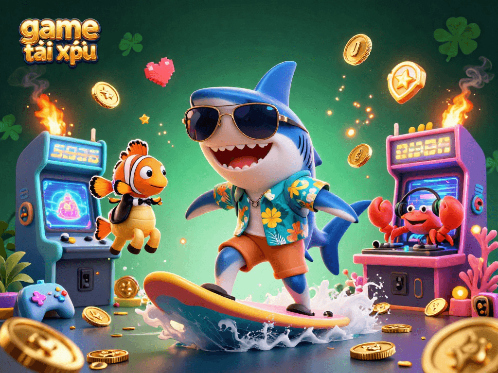 Join the fun in game tài xỉu with a lively scene featuring playful characters amidst colorful gaming elements.