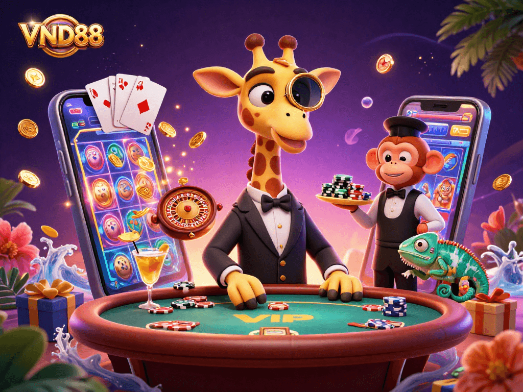 Experience VND88 as a high-roller giraffe plays poker with a monkey valet and chameleon bartender in a vibrant casino scene.