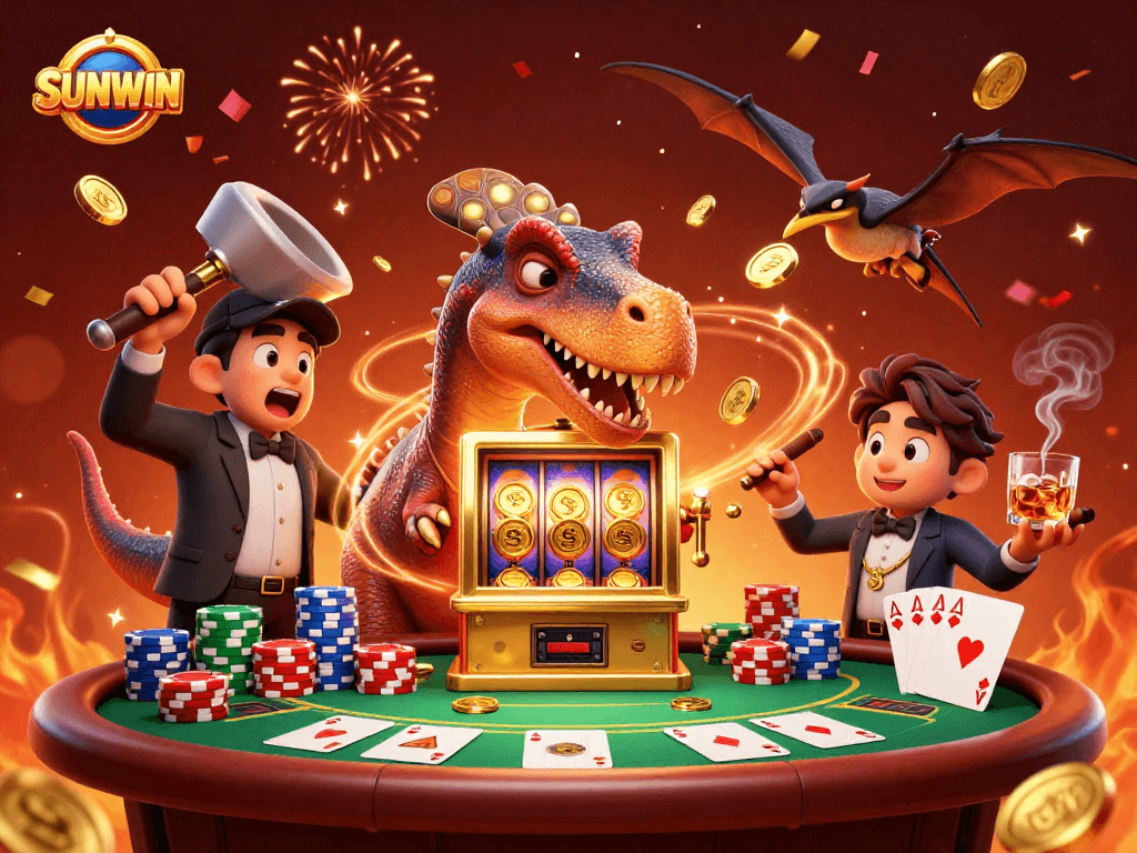 SUNWIN offers thrilling casino action as a colorful pachycephalosaurus celebrates jackpot wins amidst excited gameplay.