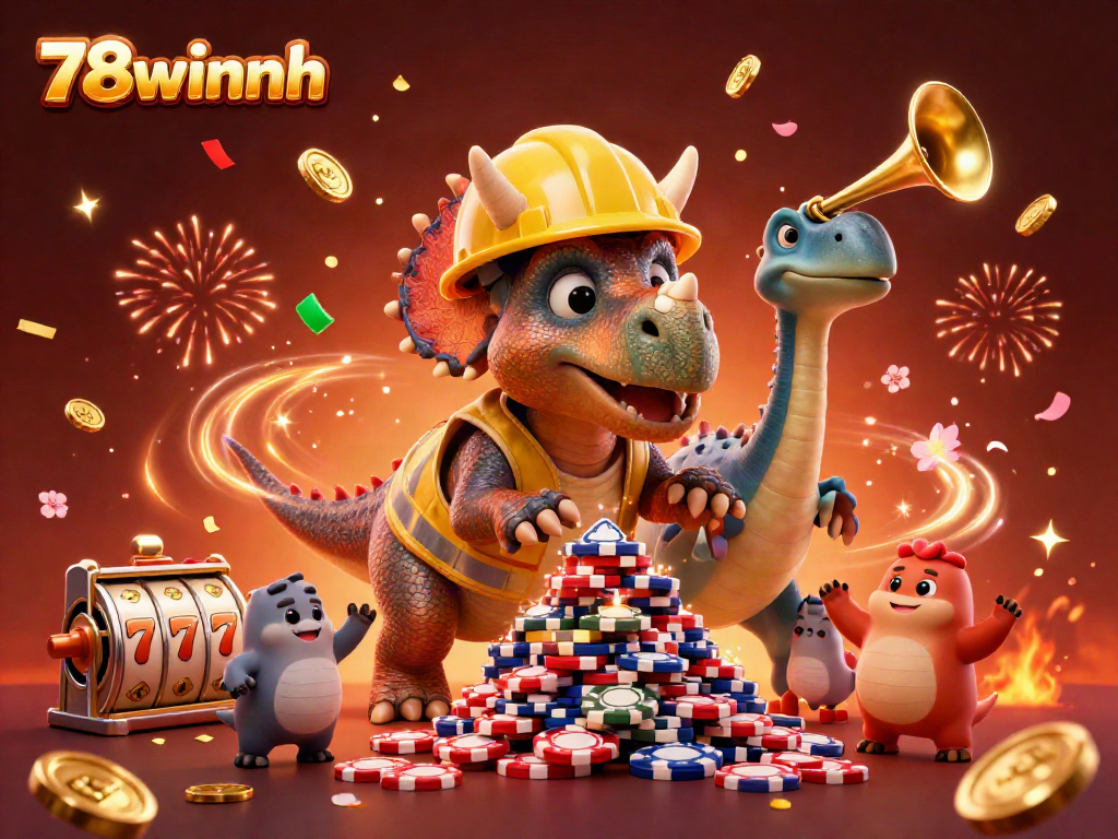 Experience excitement with 78winnh as a triceratops builds a poker chip pyramid surrounded by lucky symbols.