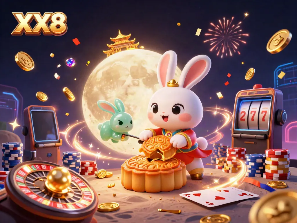 Experience exciting games at XX8 with fortune-themed illustrations featuring a moon rabbit and casino elements.
