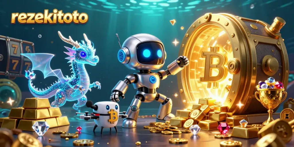 Experience thrilling gameplay with rezekitoto's 3D robot, dragon, and bitcoin elements in a vibrant casino scene.