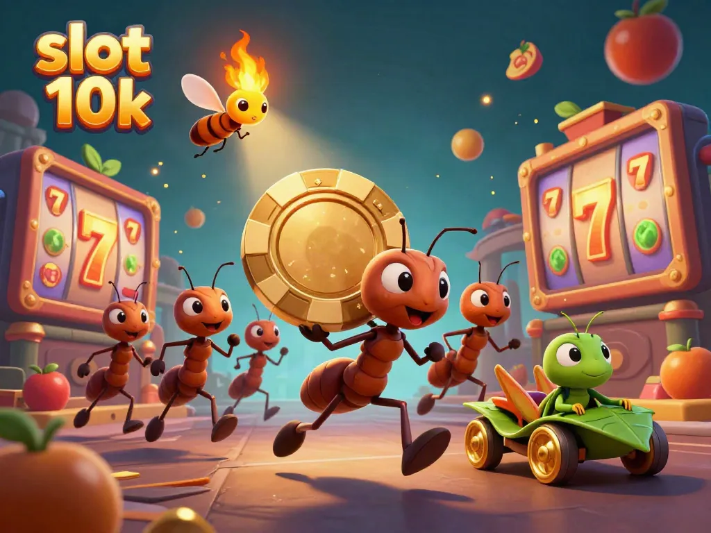 Experience the thrill of slot 10k with cartoon ants heisting a giant poker chip amid vibrant slot reels and scattered gaming icons.