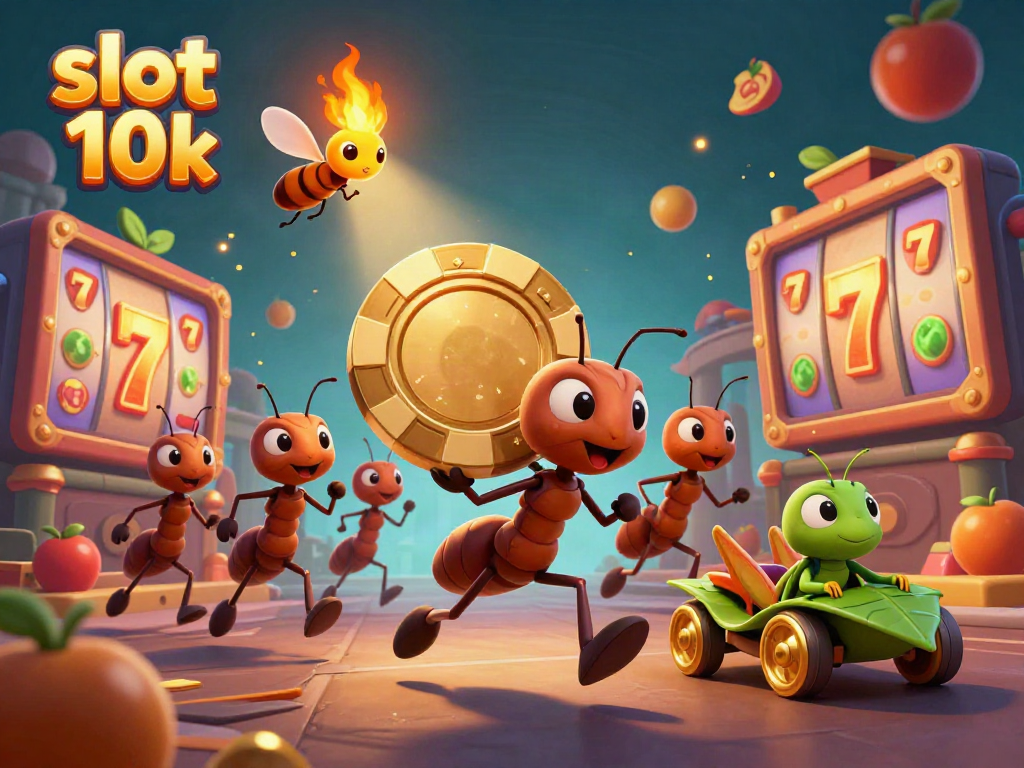 Experience the thrill of slot 10k with cartoon ants heisting a giant poker chip amid vibrant slot reels and scattered gaming icons.