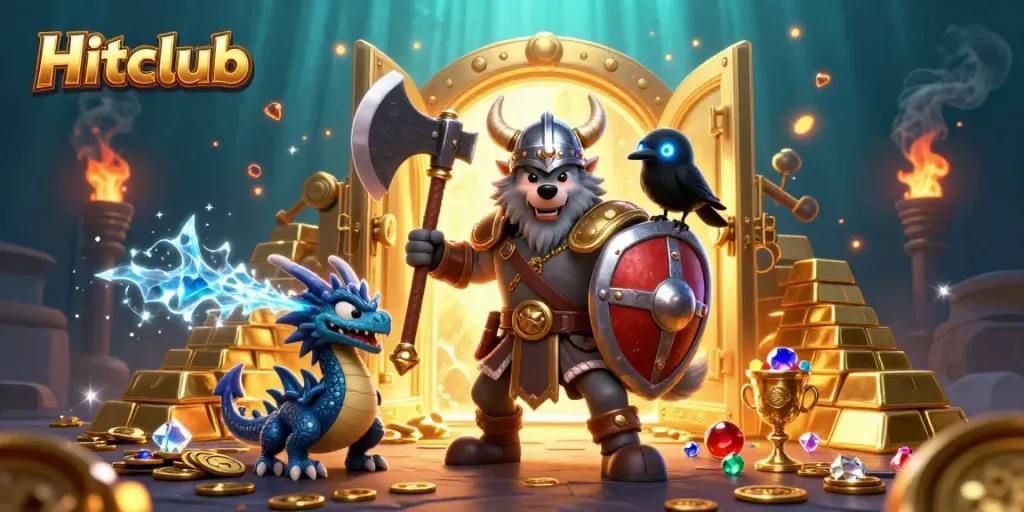 Engage with Hitclub's Viking-themed adventure featuring a powerful wolf warrior and treasure.