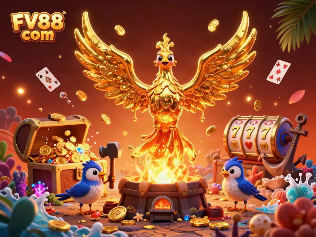 Experience the excitement of FV88 com with a molten golden phoenix and vibrant casino elements.