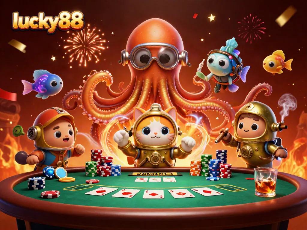 Catch winning moments at lucky88 with a kraken, diving cat, and vibrant poker game.