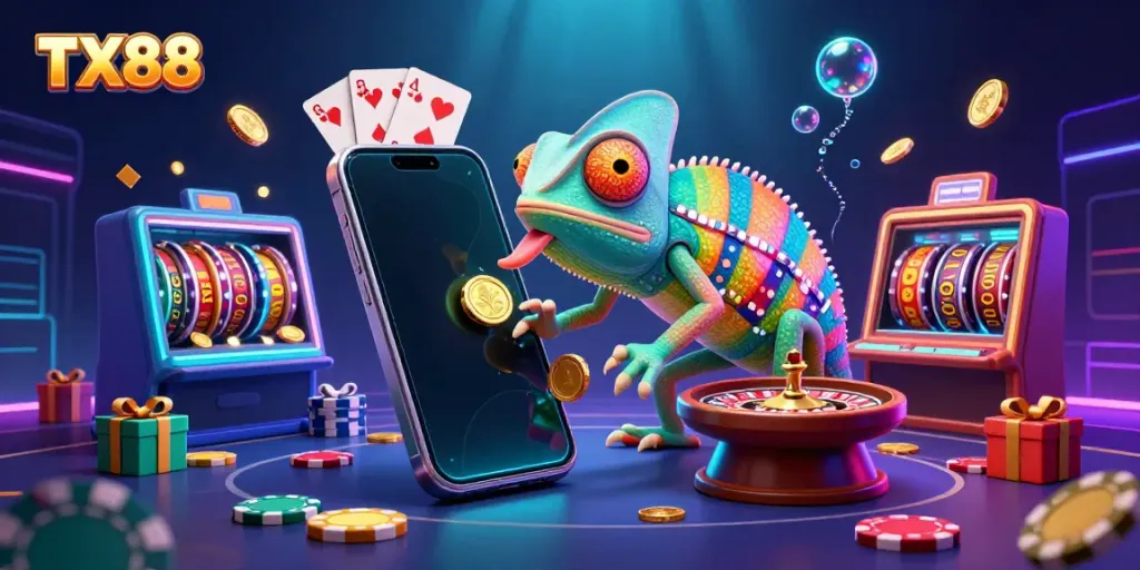 Engage with TX88's vibrant casino experience featuring a chameleon owner capturing coins amidst lively gaming and neon energy.