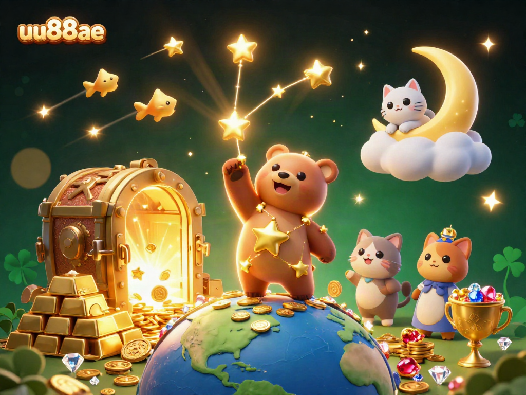 Experience the thrill of winning at uu88ae with captivating gaming elements surrounded by a cosmic bear and shimmering treasures.