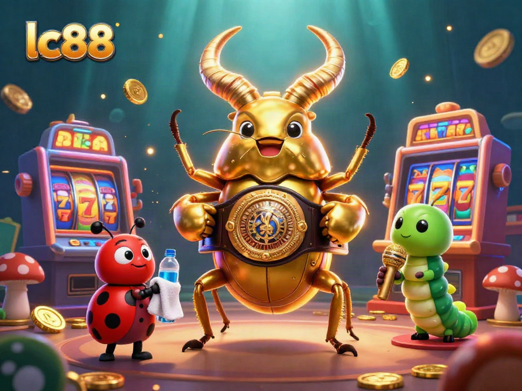 Experience the excitement of lc88 with a vivid 3D casino battle between a golden beetle champion and a ladybug corner-man.