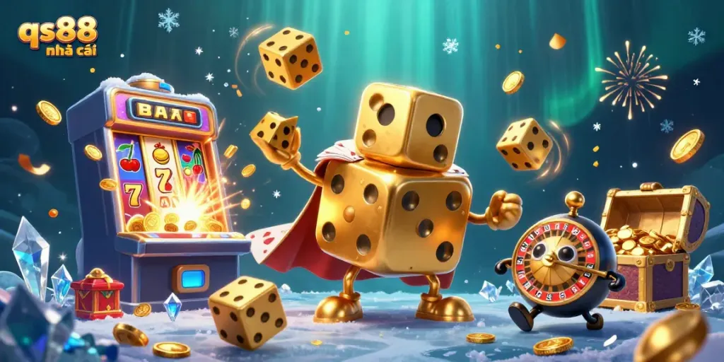 Engage with qs88 nhà cái in this vibrant scene filled with golden dice and jackpot excitement.