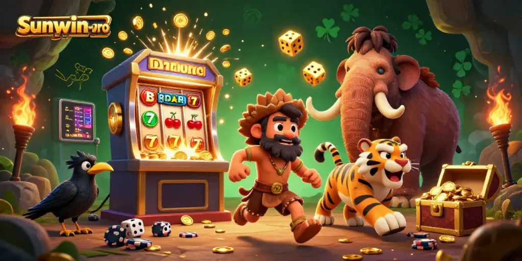 Experience excitement at the sunwin-pro casino with a prehistoric duo amidst jackpots and thrilling games.