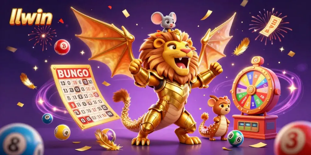 Engage with llwin's dynamic gaming experience featuring a triumphant chimera and vibrant lottery elements.
