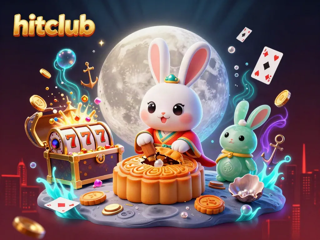 Engage with hitclub's thrilling casino scene featuring vibrant moon rabbits and poker-themed elements.
