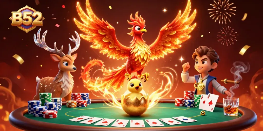 B52 offers exhilarating wins at a vibrant poker table as a fiery phoenix soars above.