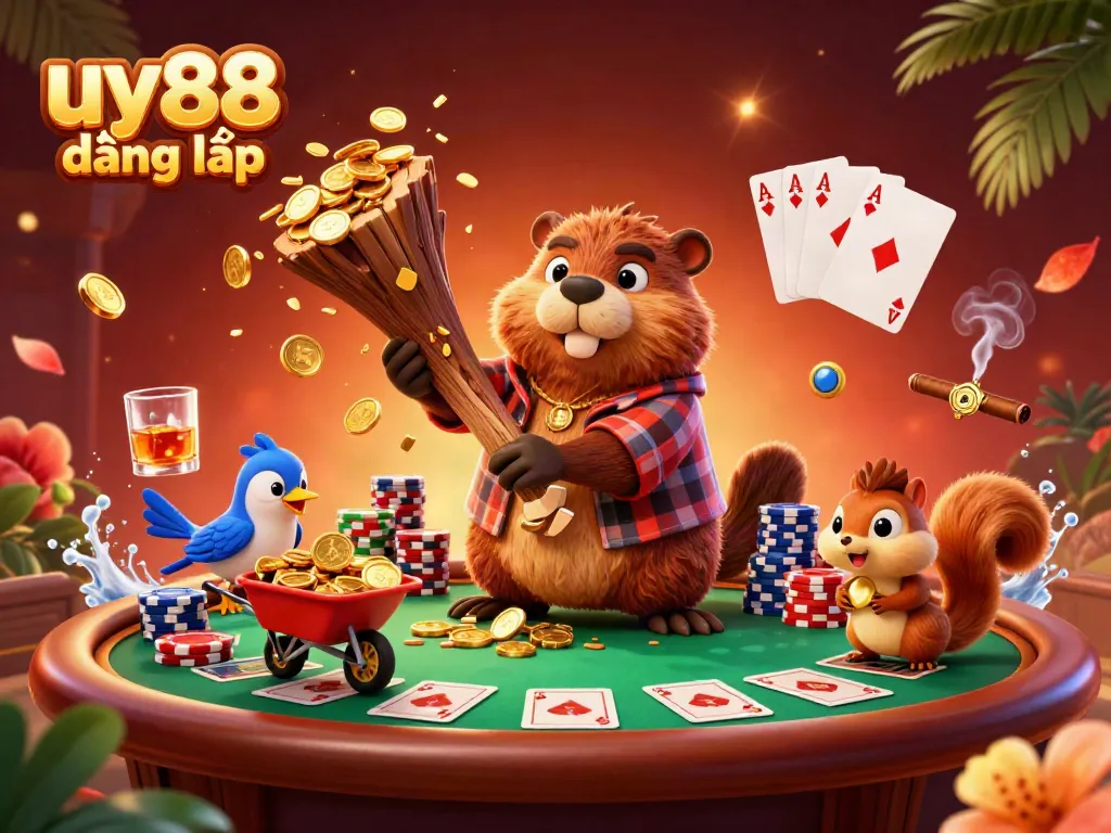 Experience the thrill of uy88 đăng nhập with vibrant 3D characters in a dynamic casino scene featuring poker and treasures