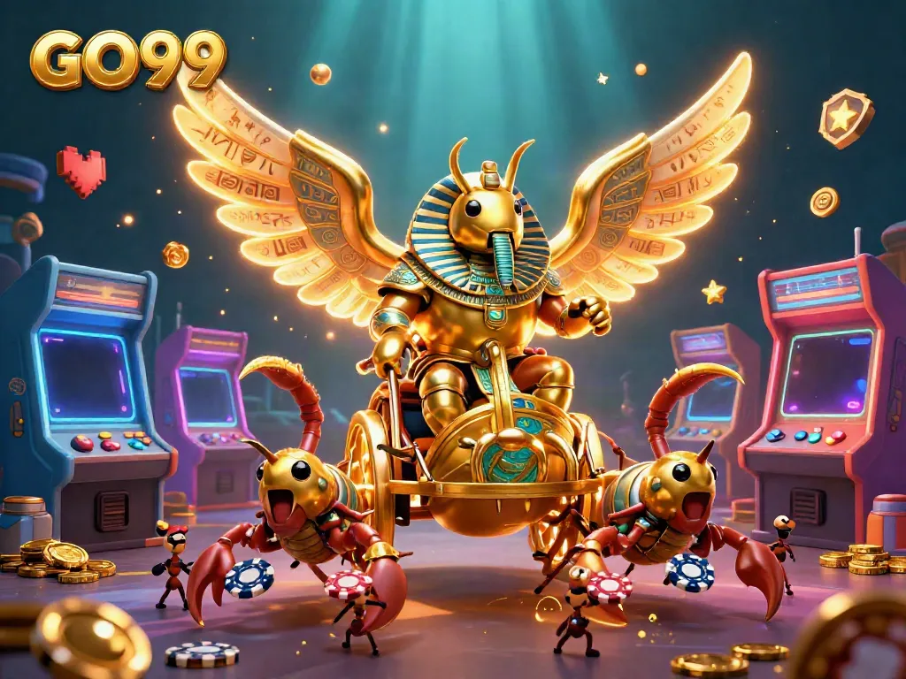 Engage with the casino adventure of GO99 featuring vibrant arcade elements and a grand golden scarab scene.