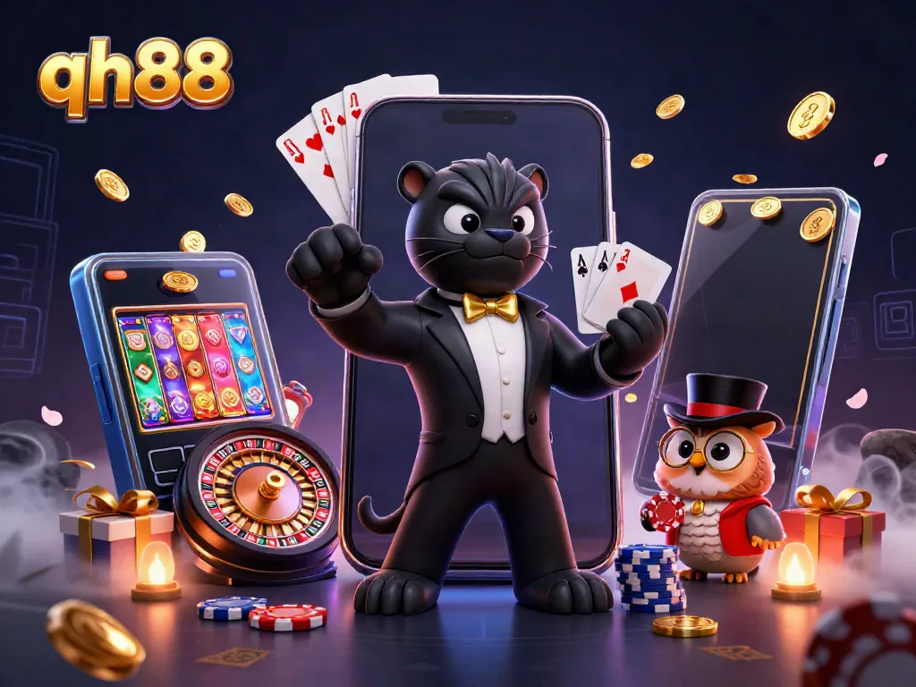 Experience vibrant casino action with qh88, featuring a stylish panther, owl, and mouse in a lively scene.