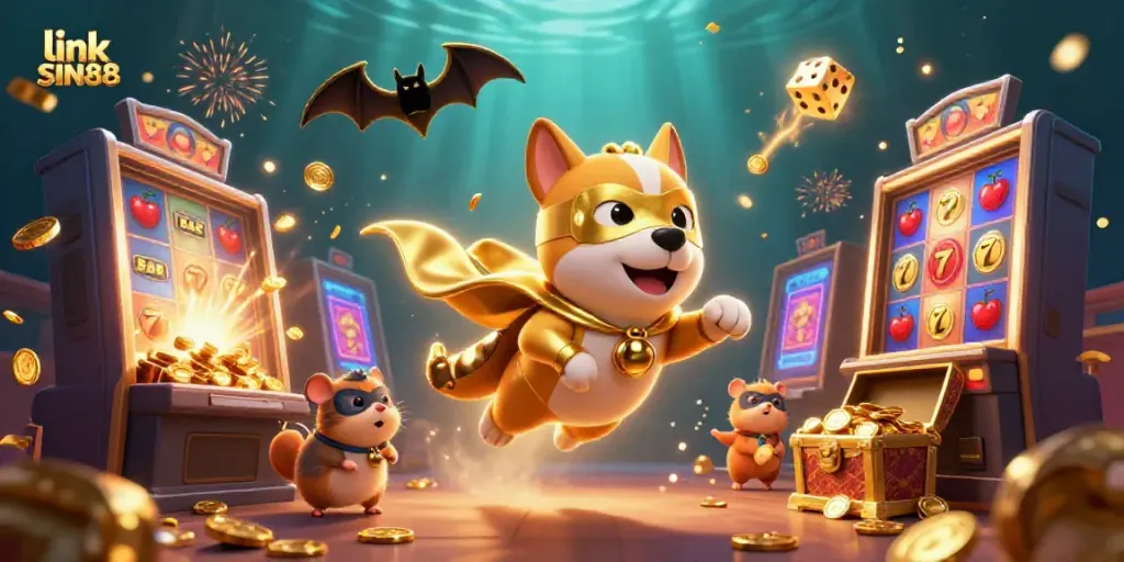 Experience thrilling wins with link SIN88 featuring a superhero dog amidst a vibrant casino scene.