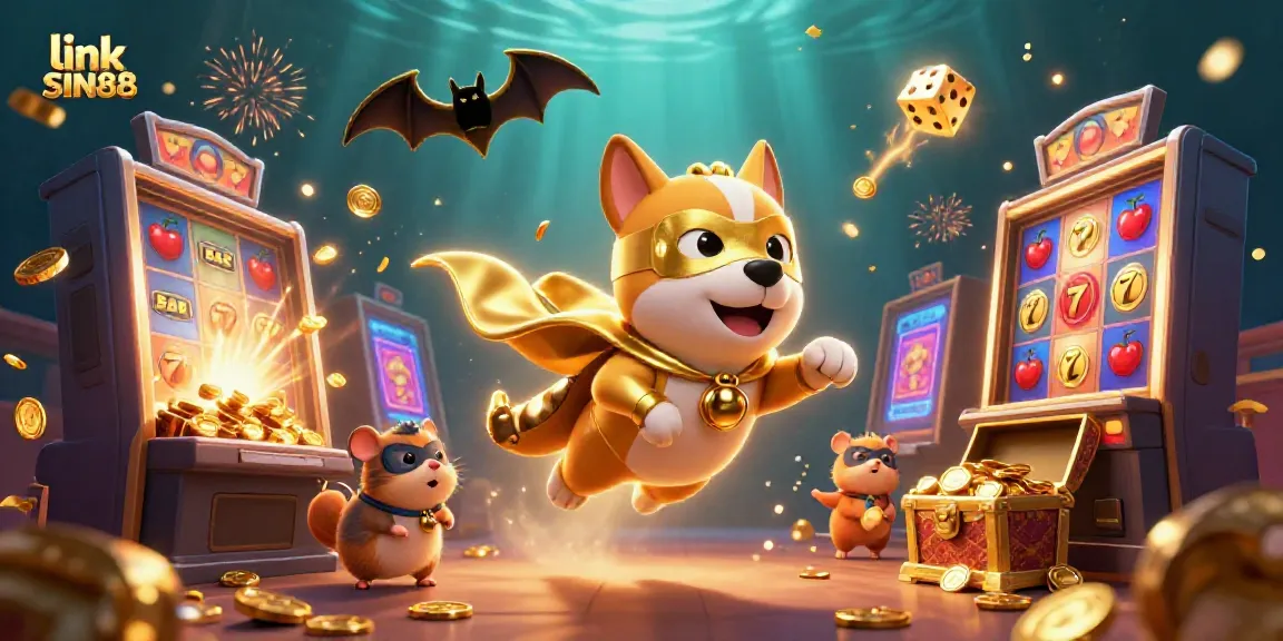 Experience thrilling wins with link SIN88 featuring a superhero dog amidst a vibrant casino scene.