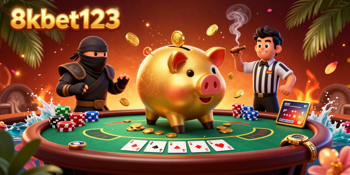 Experience the excitement at 8xbet123 with a cartoon golden piggy bank sumo wrestler and dynamic poker scene.