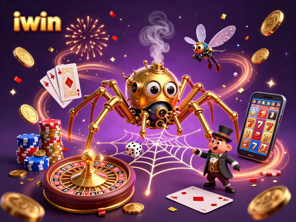 Experience the thrill of iwin with vibrant casino elements, including spinning roulette and golden coins.