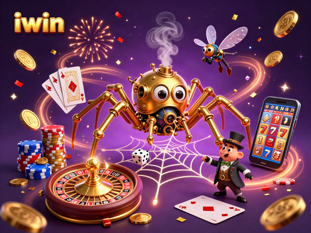 Experience the thrill of iwin with vibrant casino elements, including spinning roulette and golden coins.