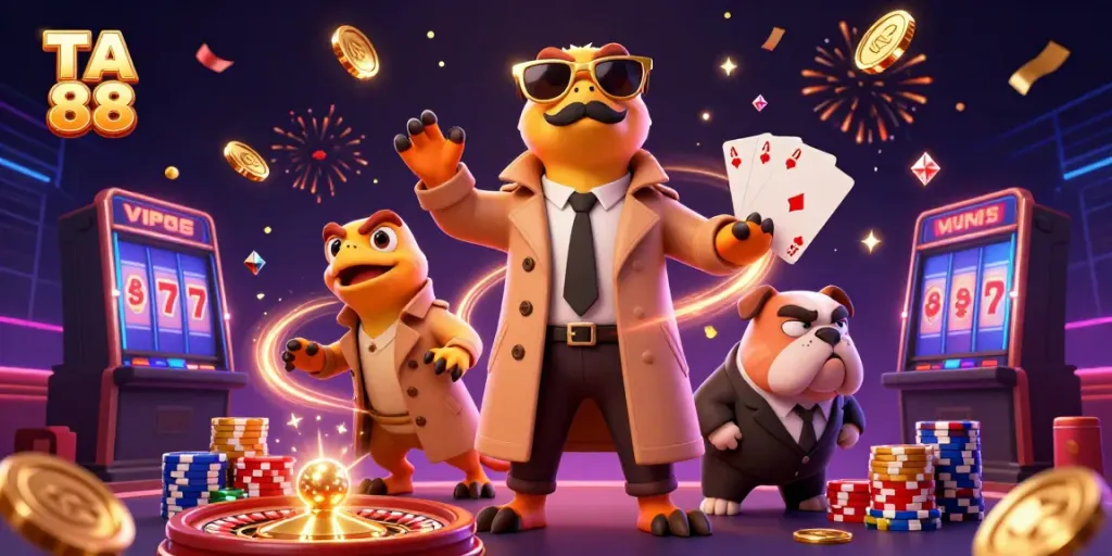 Experience TA 88's thrilling entrance with raptors in disguise amidst spinning roulette and vibrant casino elements.