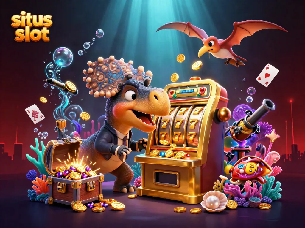 Jackpot excitement at situs slot with roaring pachycephalosaurus, golden coins, and crazy casino chaos!