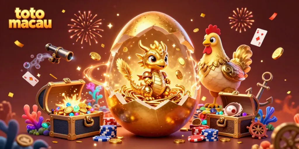 Menangkan permainan di toto macau dengan telur emas pecah yang mengungkapkan naga bayi kristal dan chip poker melimpah.