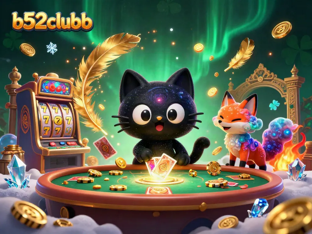 Engage with b52clubb at a cosmic casino table surrounded by gambling icons and vibrant 3D characters.