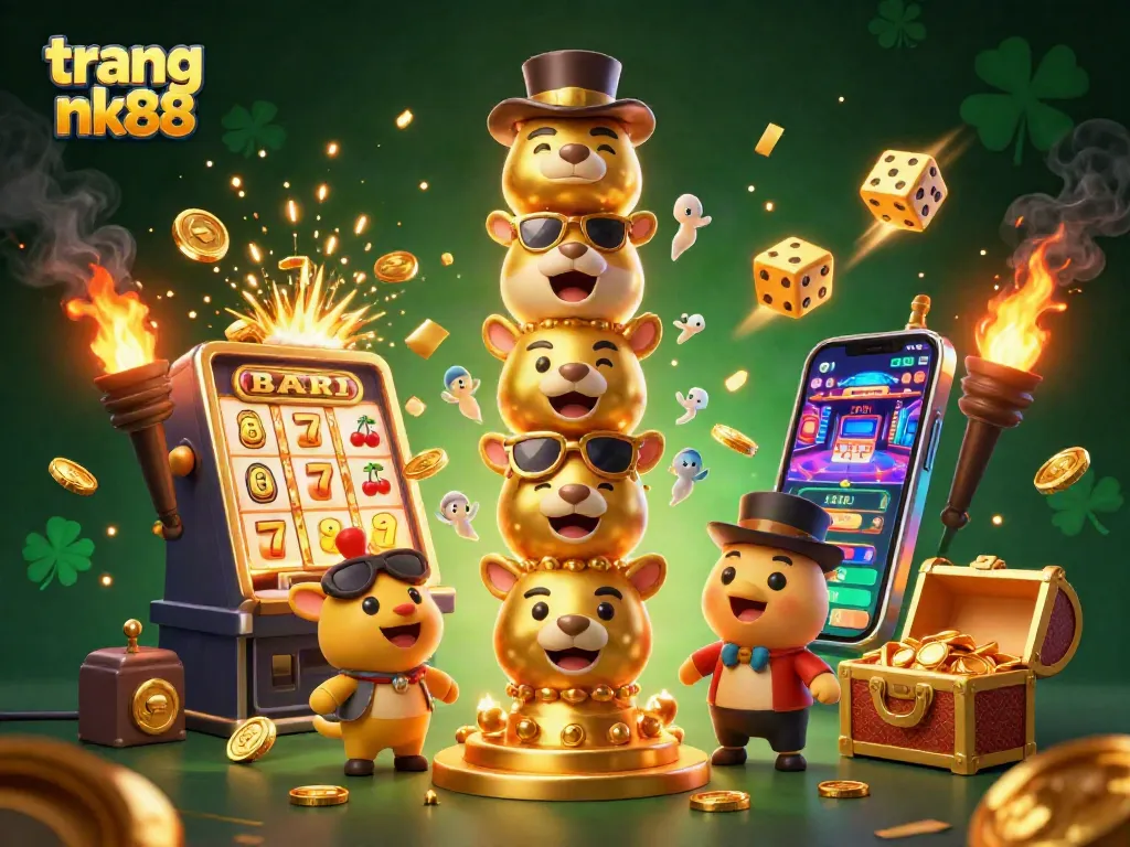 Spin the reels and win big with trang nk88; vibrant 3D casino scene filled with colorful slot machines and gold coins.