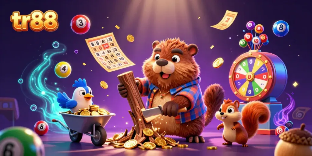 Experience the excitement of gaming with tr88 showcasing rich illustrations of a beaver, bird, and squirrel amidst golden coins and dynamic casino elements.