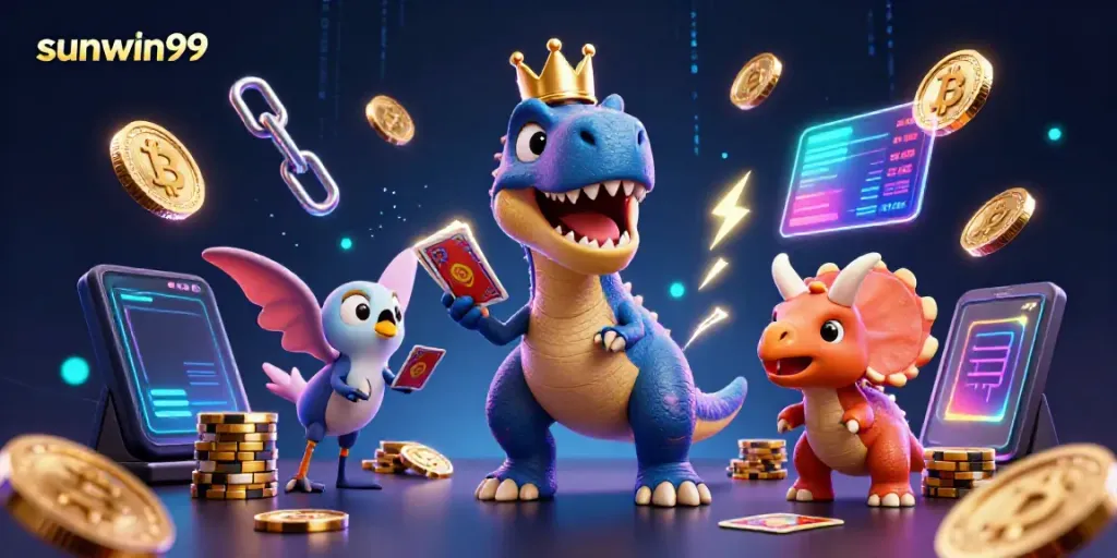 Experience the fun at sunwin99 with cartoon dinosaurs engaging in vibrant casino activities.