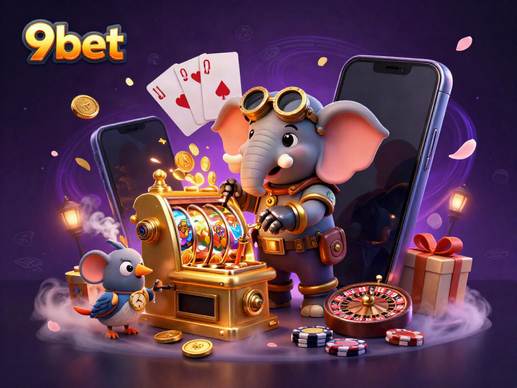Engaging 9bet illustration featuring a steampunk elephant with a slot machine and game elements.